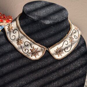 Vintage 1950 Ivory Satin Collar Necklace Embroidery Pearl Bead - Sally Gee Japan
